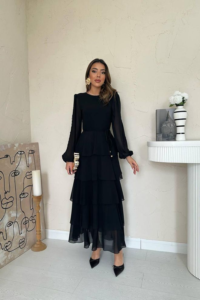 Elisa Elegantes Schwarzes A Linien Kleid Bodenlang Großhandelskleidung Modest