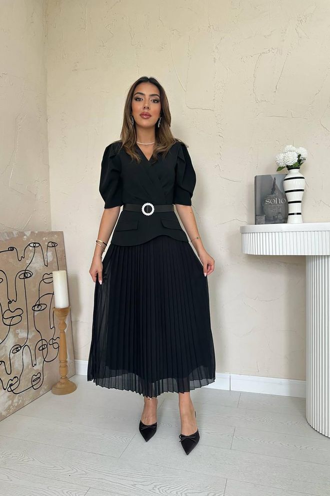 Elisa Elegant Black Fit And Flare Midi Dress Wholesale Clothing Modest