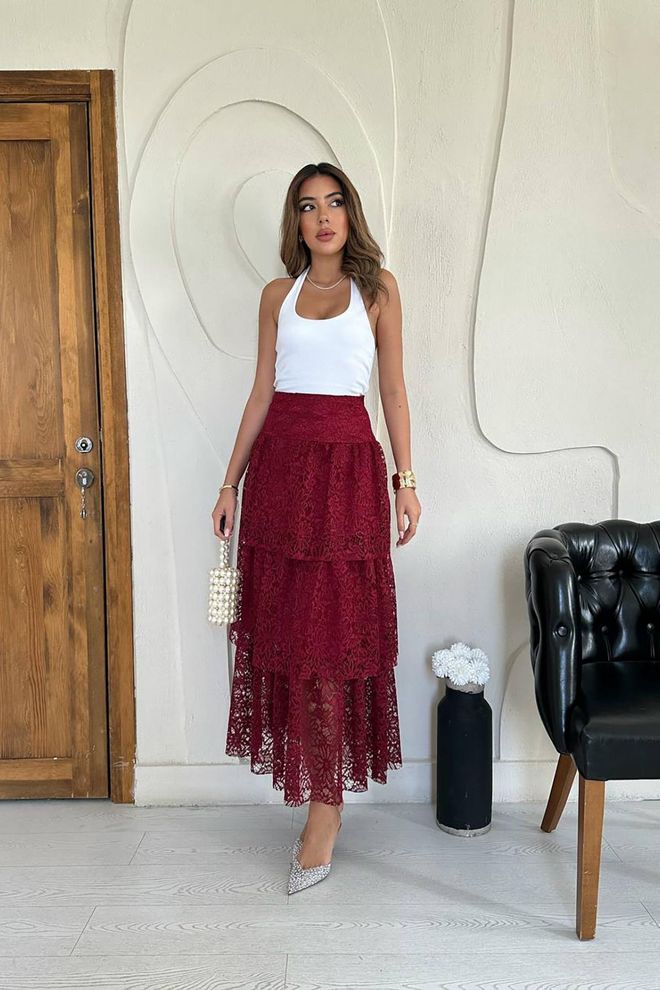 Elisa Claret Red Layered High Waist Maxi Skirt Wholesale Clothing Vintage