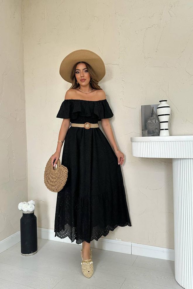 Elisa Robe Brodée Avec Épaules Élastiques Noir Vêtements en gros Décontracté