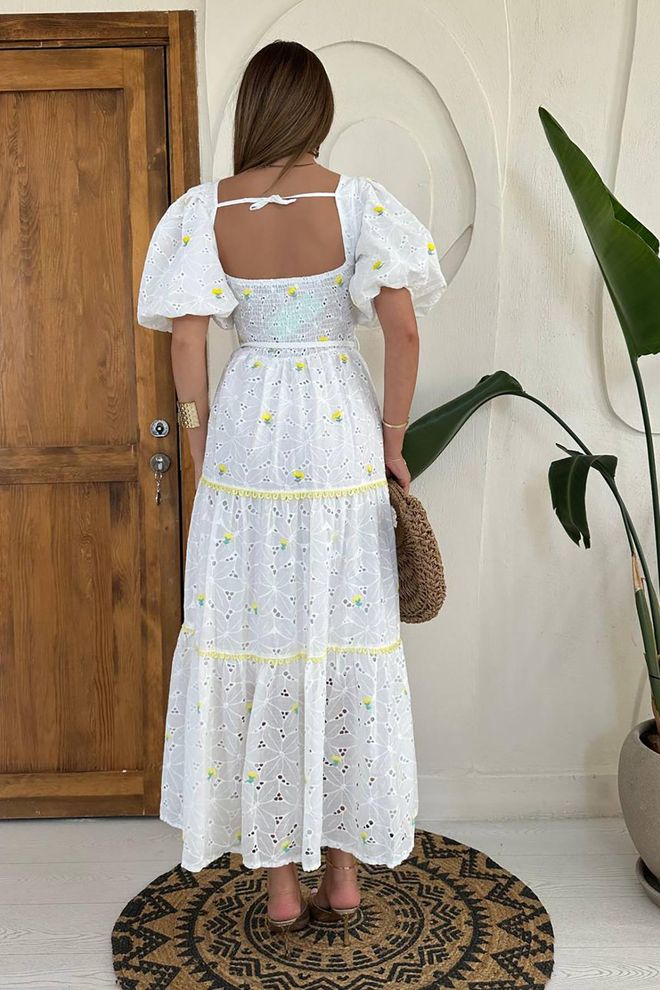 L&C فستان أبيض أنيق بقصة ضيقة وأكمام منفوخة ملابس بالجملة رَسمِيّ