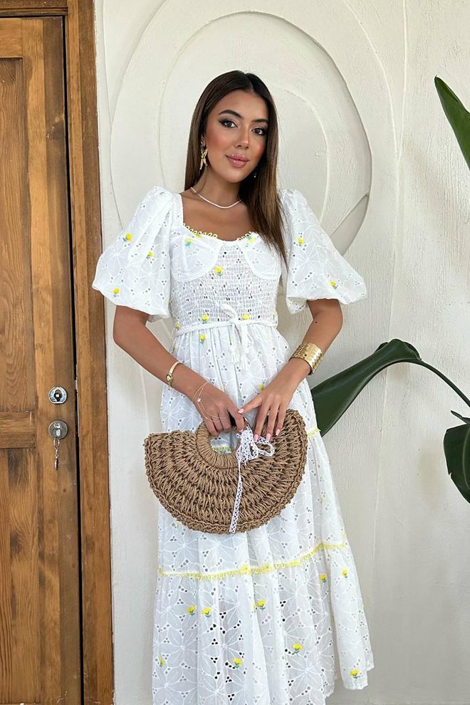 L&C فستان أبيض أنيق بقصة ضيقة وأكمام منفوخة ملابس بالجملة عيد ميلاد