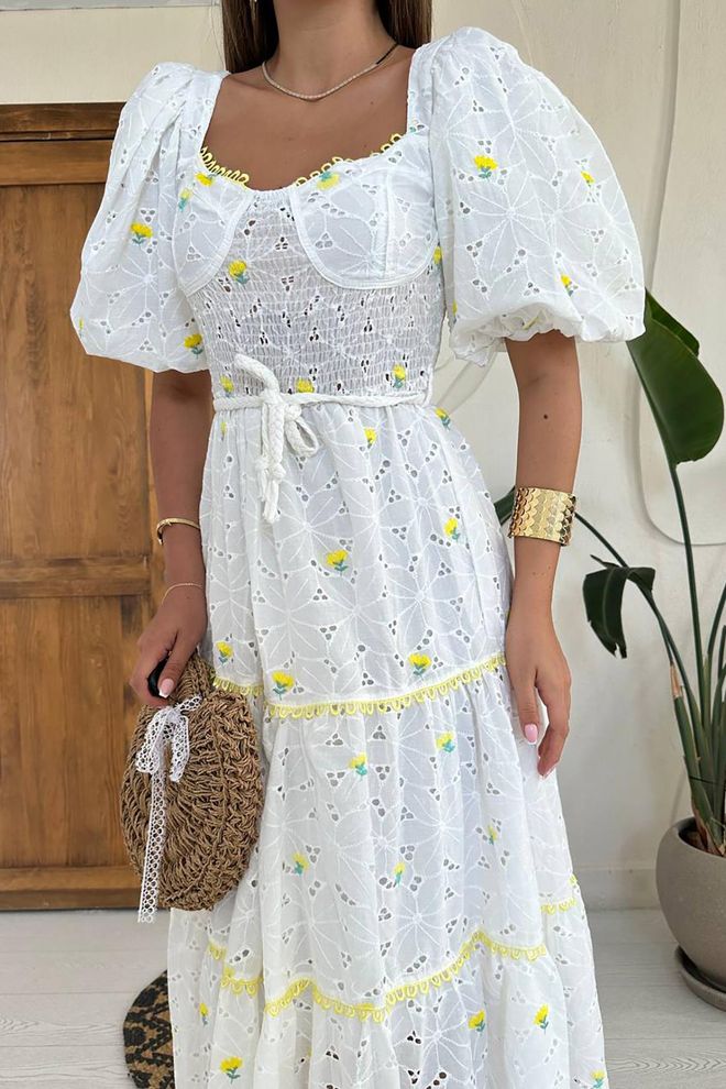 L&C فستان أبيض أنيق بقصة ضيقة وأكمام منفوخة ملابس بالجملة ربيع