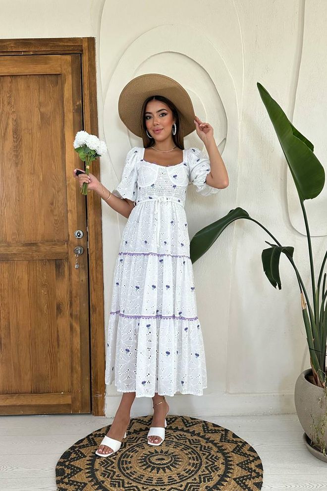 L&C White Boho A Line Dress With Ruffle Sleeves Wholesale Clothing Elegant
