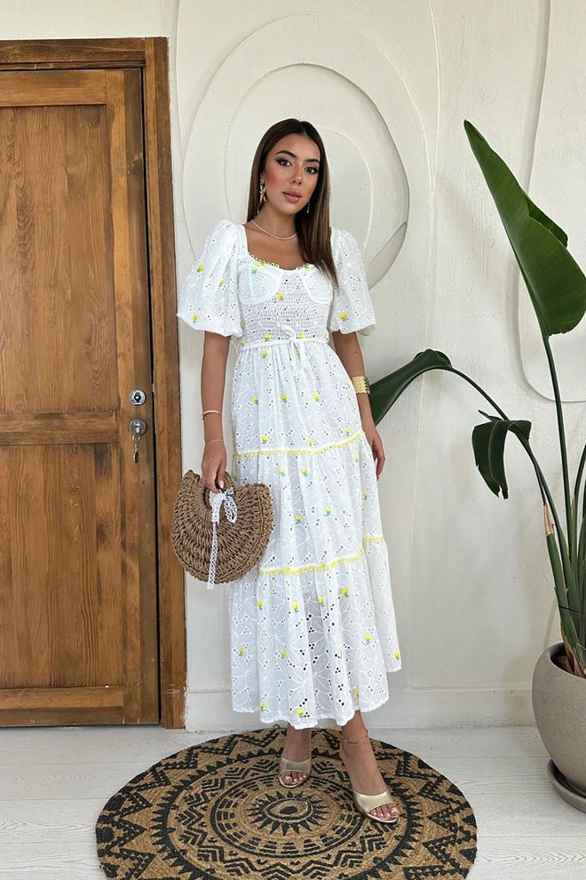 L&C فستان أبيض أنيق بقصة ضيقة وأكمام منفوخة ملابس بالجملة لا يوجد قماش