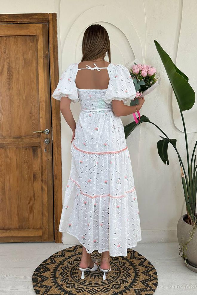 L&C فستان أبيض فِت آند فلير بأكمام منفوخة نصف كم ملابس بالجملة رَسمِيّ