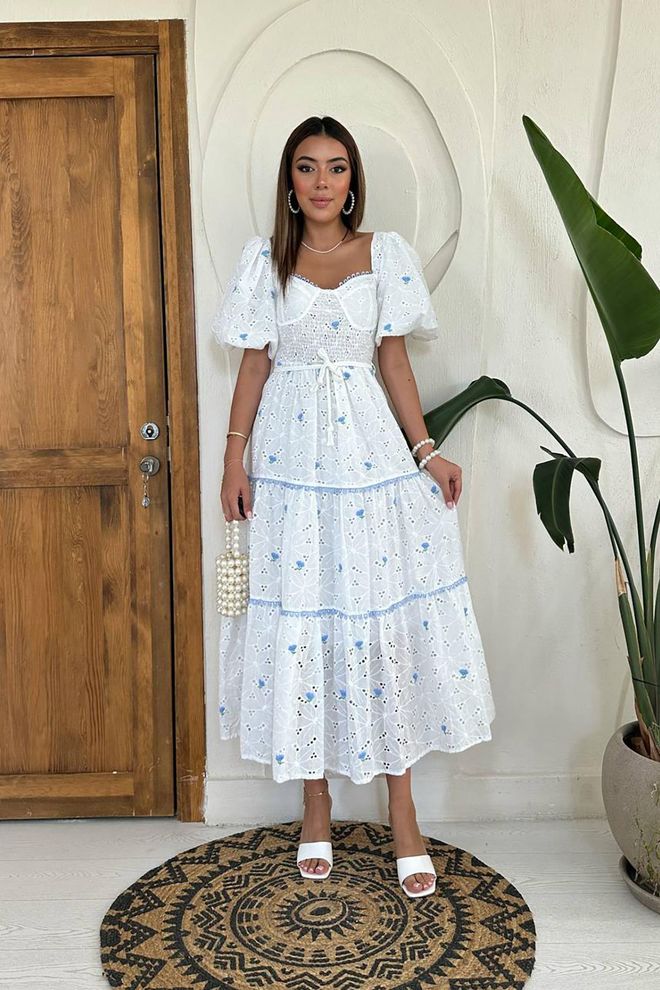 L&C فستان أبيض بتصميم مناسب ومتمطط وأكمام نفخة نصف كم ملابس بالجملة رَسمِيّ