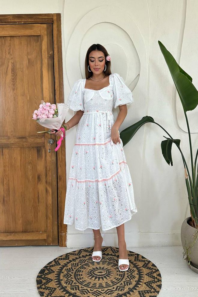L&C Witte Fit And Flare Jurk Met Pof Halve Mouwen Groothandel Kleding Elegant