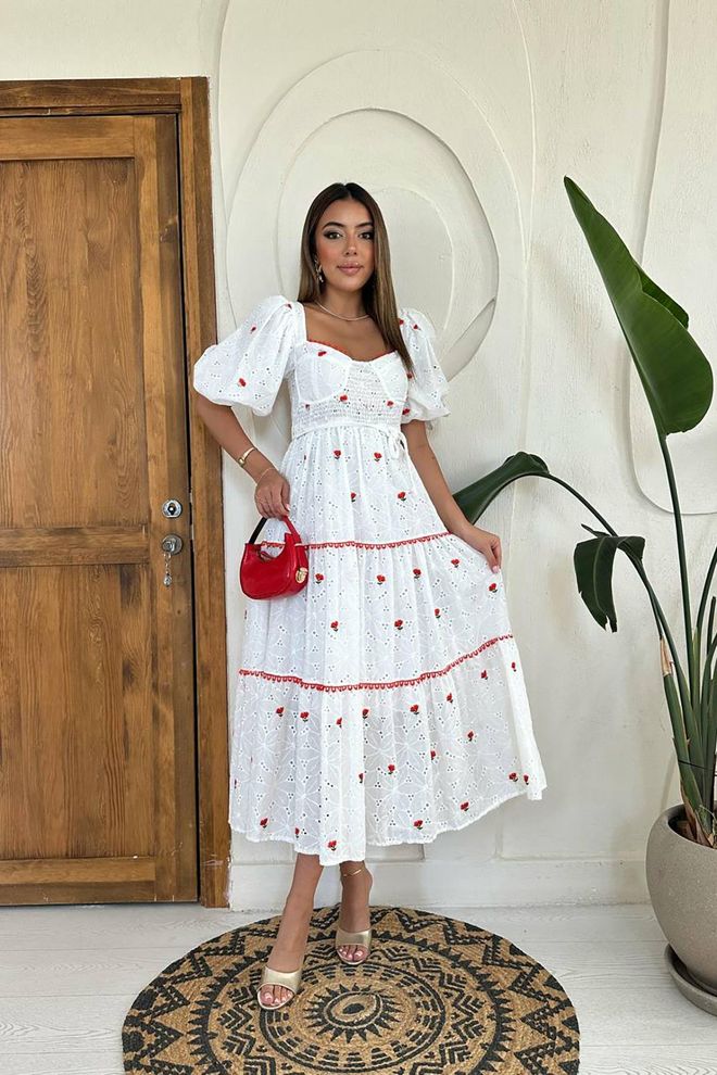 L&C Witte Fit And Flare Jurk Met Pof Halve Mouwen Groothandel Kleding Elegant