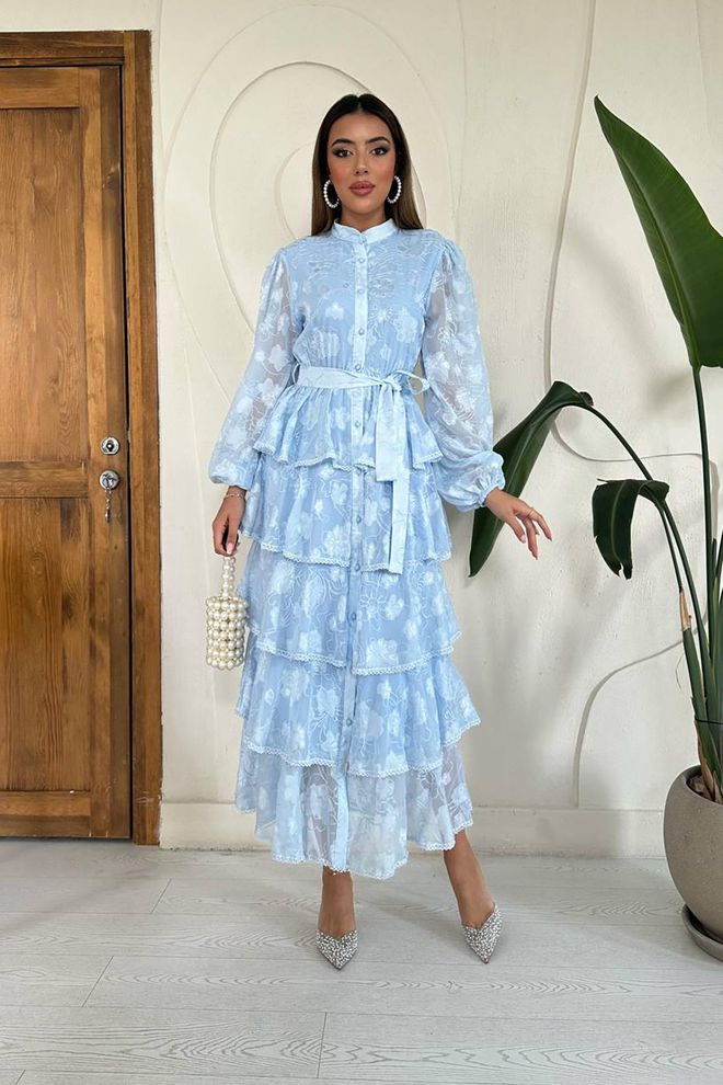 Elisa Walloon Striped Floor Dress Baby Blue Wholesale Clothing Elegant