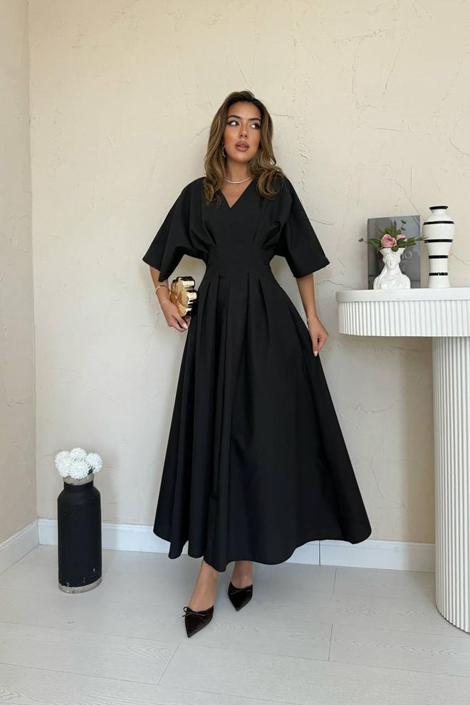 L&C Robe Noire Élégante Ligne A Avec Encolure En V Et Manches 3/4 Vêtements en gros Élégant
