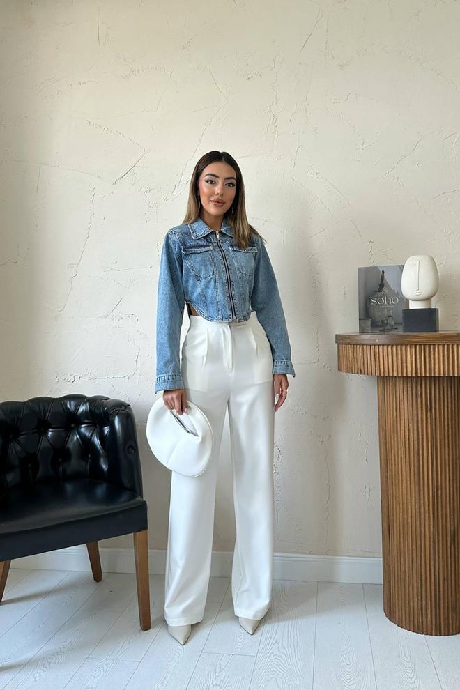 Elisa Blouson Shacket Crop Bleu Coupe Ajustée Vêtements en gros Décontracté