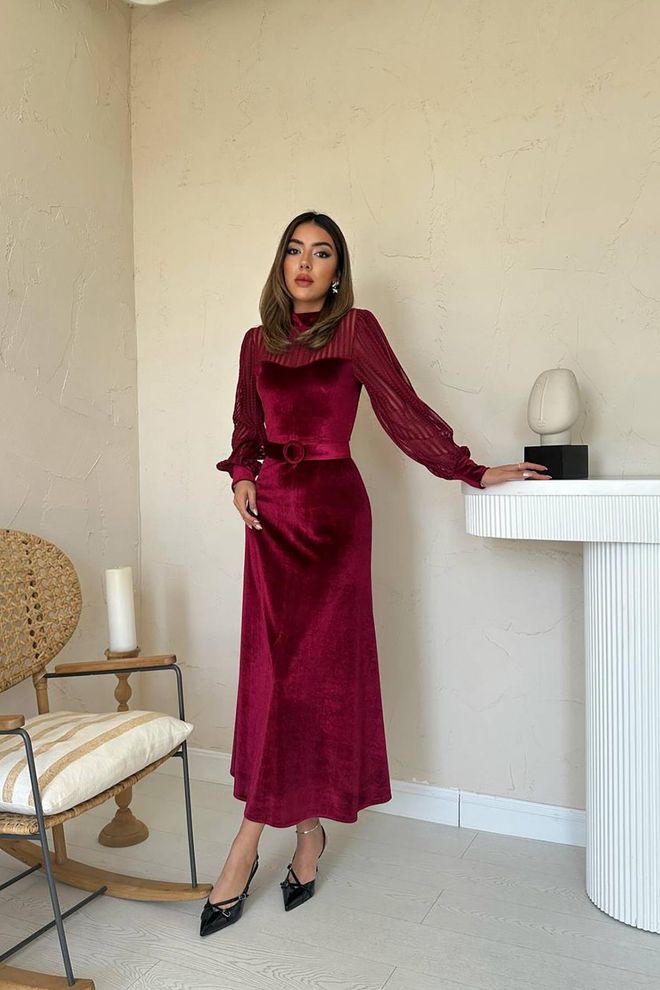 Elisa Claret Red Elegant A Line Midi Dress Wholesale Clothing Modest