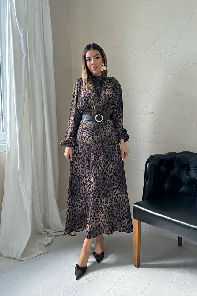 Elisa Brown A Line Formal Dress With Animal Print Wholesale Clothing Modest