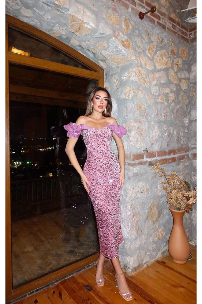 Elisa Vestido Bainha Cor de rosa Sexy Elegante Com Lantejoulas Roupas por atacado Sensual