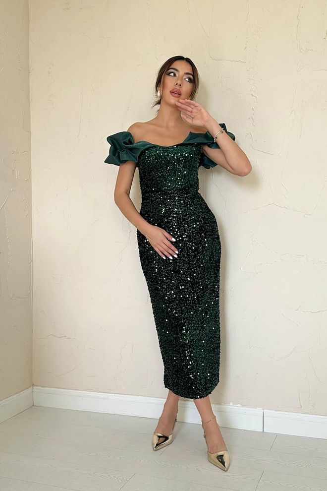 Elisa Vestido Verde Elegante De Bainha Com Lantejoulas Roupas por atacado Sensual