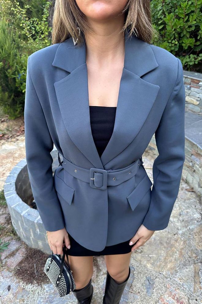Elisa Jacket With Pocket Flap And Belt Smoke Wholesale Clothing Formal