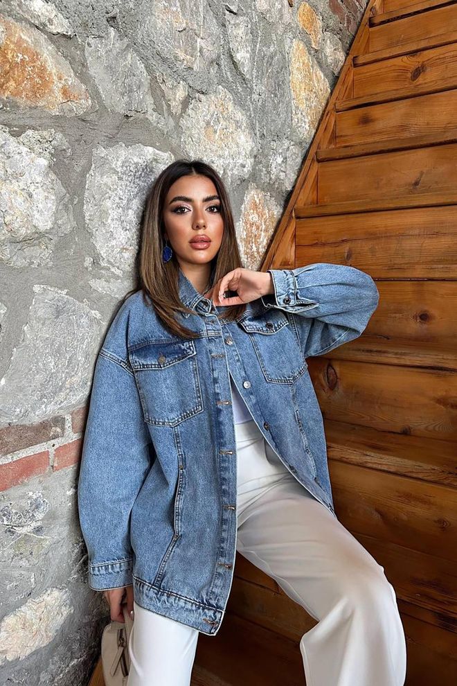 Elisa Modra Oversized Casual Vintage Jakna Oblačila na debelo Ležerno