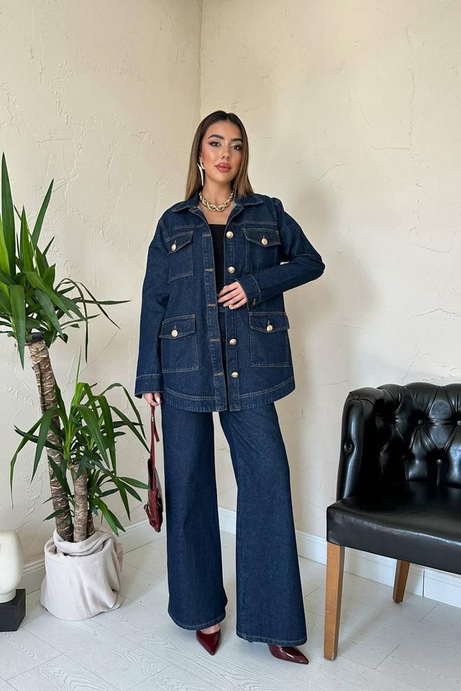 Elisa Wholesale Navy Blue Gold Buttoned Trouser Suit Wholesale Clothing 0