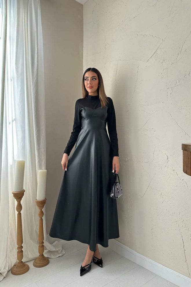 Elisa Black Elegant Modest Fit And Flare Floor Length Dress Wholesale Clothing Modest