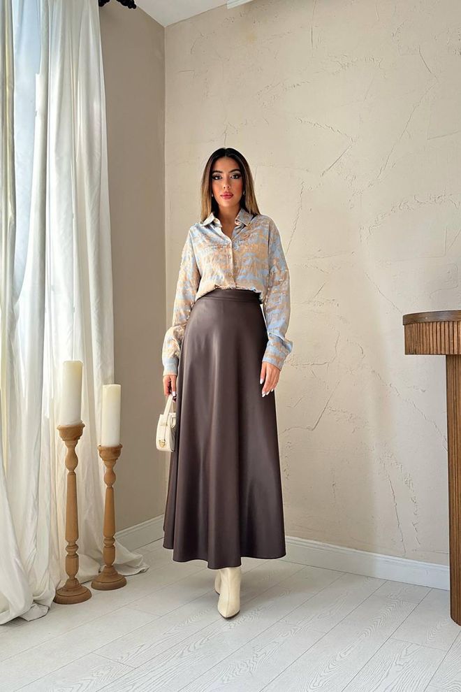 Elisa Brown Flared Maxi Skirt With High Waist Wholesale Clothing Modest