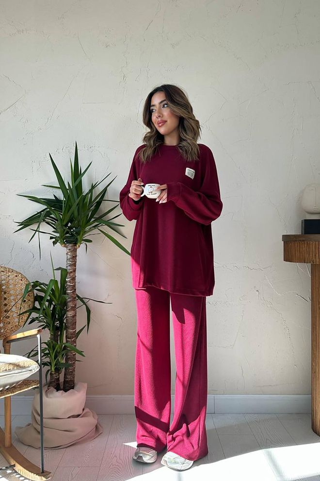 Elisa Set Bordeaux Casual Oversized Palazzo Outfit Abbigliamento all'ingrosso Modesto