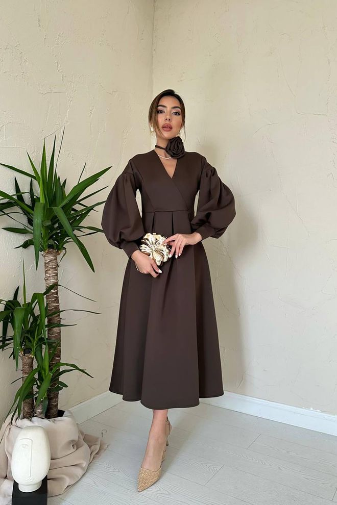 Elisa Vestido Castanho Elegante Fit And Flare Roupas por atacado Modesto