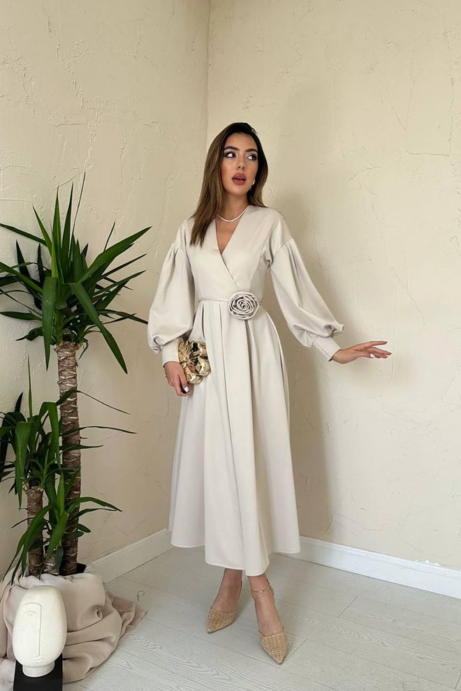 Elisa Vestido Bege Elegante Modesto Formal Envolvente Com Mangas Longas De Balão Comprimento Midi E Decote Em V Roupas por atacado Modesto