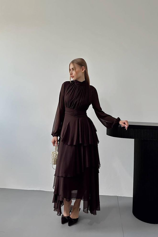 Elisa Vestido Preto Maxi Elegante Em Linha A Com Decote Alto E Mangas Compridas Retas Roupas por atacado Modesto