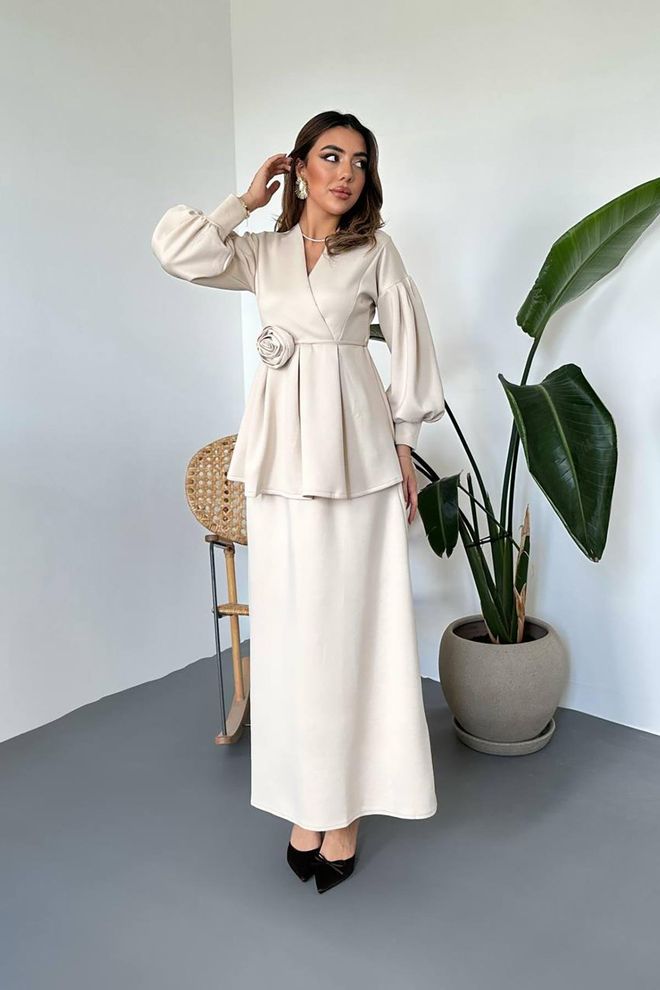 Elisa Set Modesto Elegante Beige Con Cravatta Abbigliamento all'ingrosso Modesto