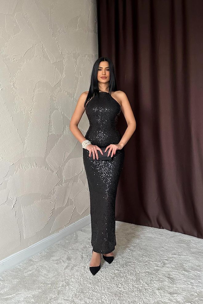 Elisa Robe Moulante Noire À Paillettes Avec Encolure Licou Vêtements en gros Sexy