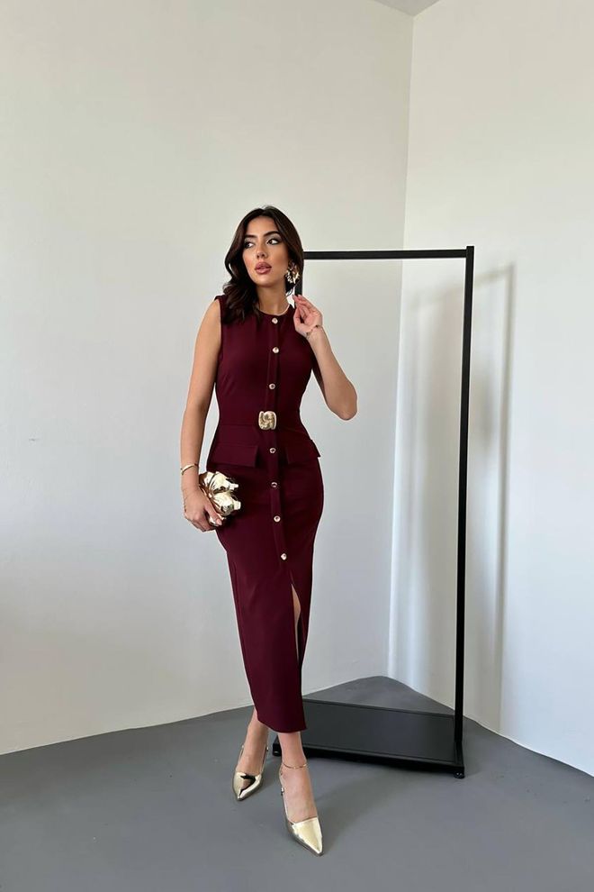 Elisa Eleganten Bordo Rdeč Plašč Obleka Oblačila na debelo Seksi