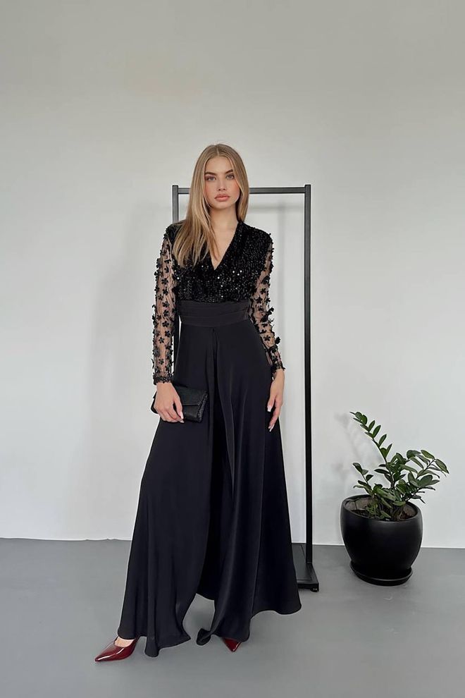 Elisa Jumpsuit With Tulle Sleeves And Skirt Black Wholesale Clothing Elegant