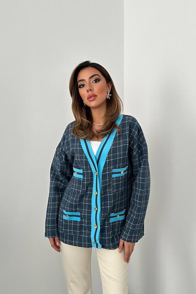 Elisa Front Ribbed Plaid Jacket Green Wholesale Clothing Casual
