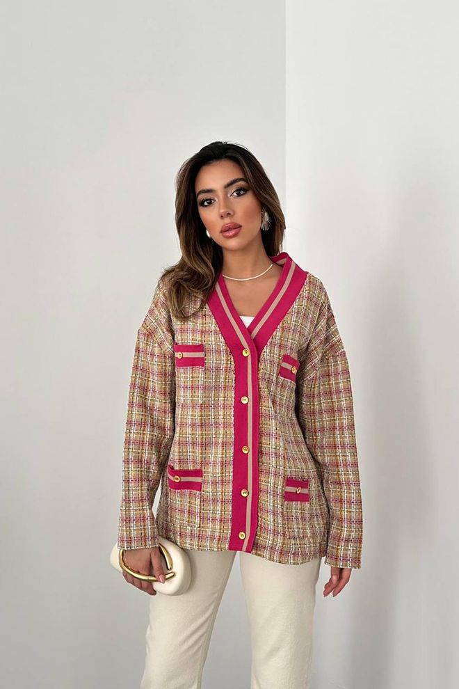 Elisa Front Ribbed Plaid Jacket Fuchsia Wholesale Clothing Casual