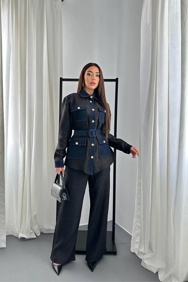 Elisa Set Camicia E Pantaloni Con Tasche Guarnite Nero Abbigliamento all'ingrosso Casuale