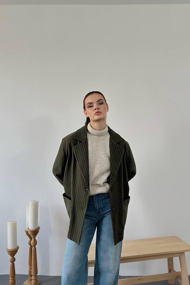 Elisa Striped Oversize Jacket Khaki Wholesale Clothing Formal