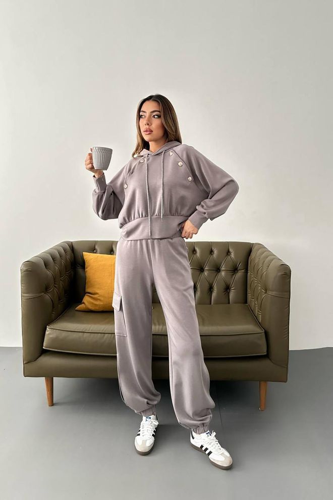 Elisa Hooded Sweatshirt And Cargo Pants Set Smoke Wholesale Clothing Casual