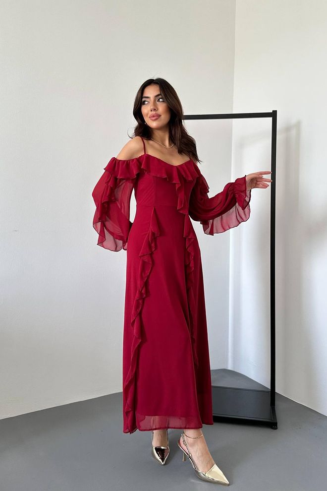 Elisa Vermelho Clarete Vestido Maxi Fit And Flare Roupas por atacado Sensual