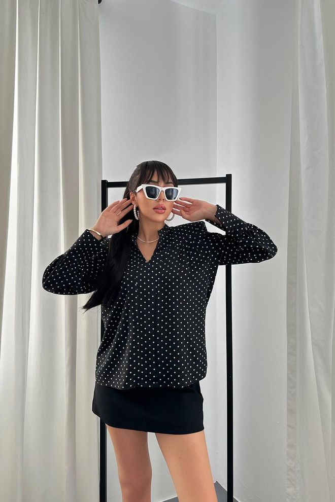 Elisa Black Polka Dot V Neck Blouse Elegant & Vintage Wholesale Clothing Casual