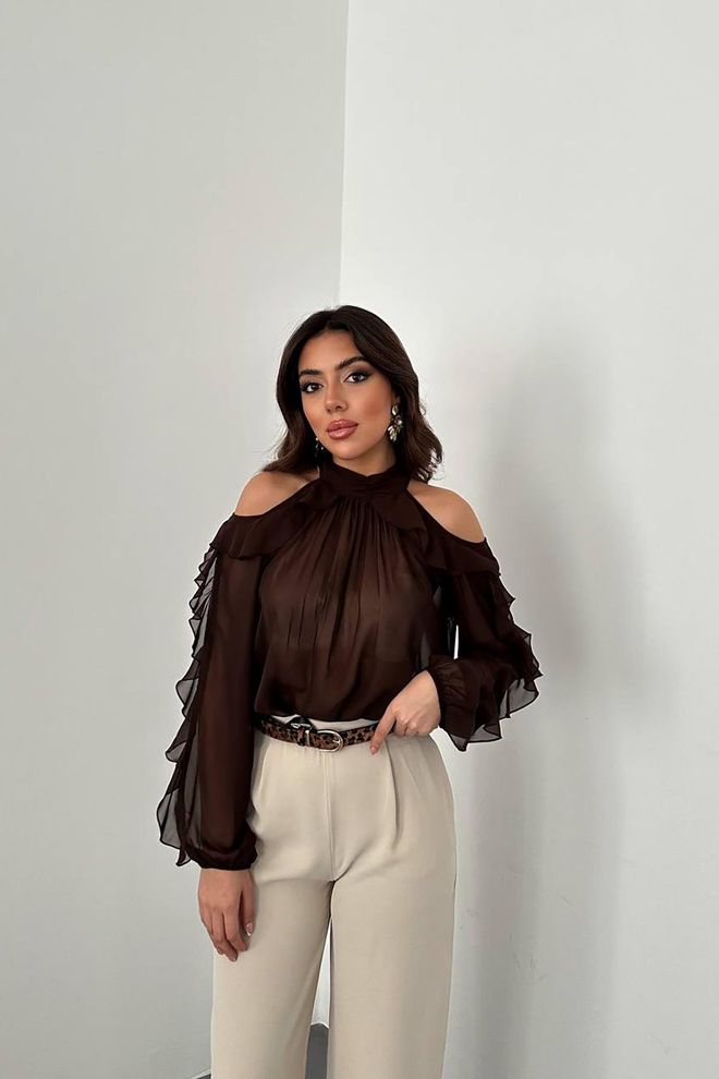 Elisa Brown Elegant Ruffle Sleeve Blouse Wholesale Clothing Casual