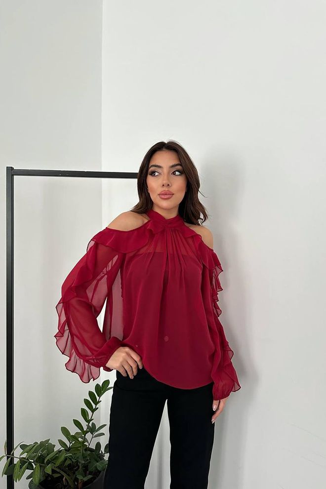 Elisa Claret Red Blouse With Ruffle Sleeves Wholesale Clothing Casual