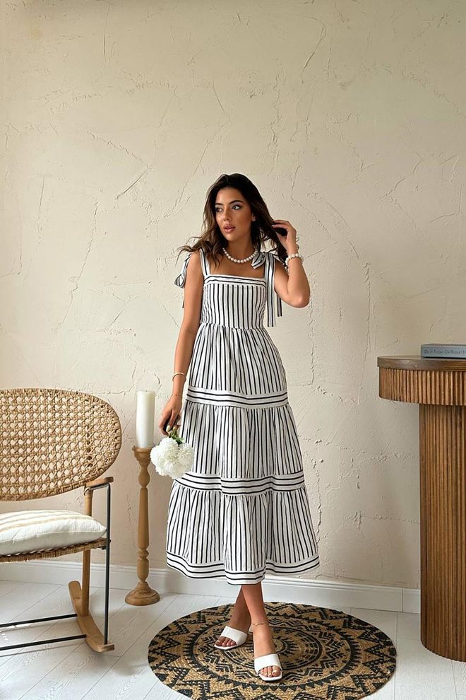 Elisa White A Line Striped Midi Dress With Square Neck Wholesale Clothing Casual