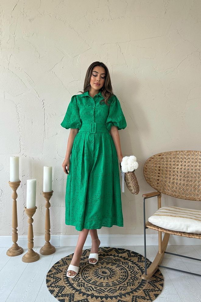 Elisa Abito Plissettato Con Maniche A Palloncino Verde Abbigliamento all'ingrosso Casuale