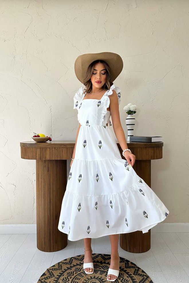 L&C Witte Boho A lijn Jurk Met Ruches Mouwen Groothandel Kleding Schattig