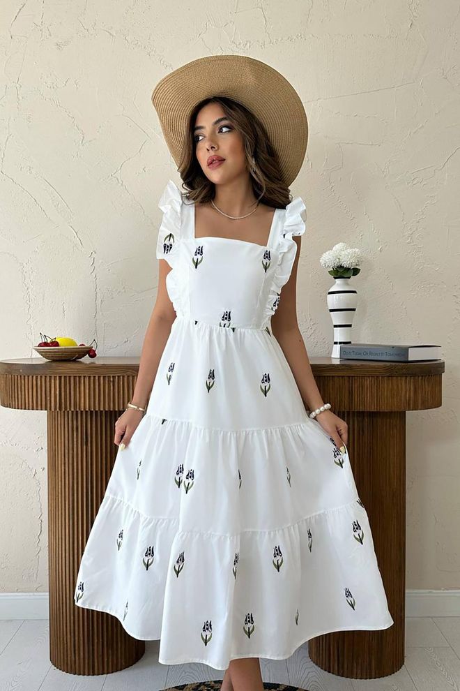 L&C Белое Бохо Платье А силуэта С Рукавами Из Оборок Оптовая продажа одежды Нет ткани