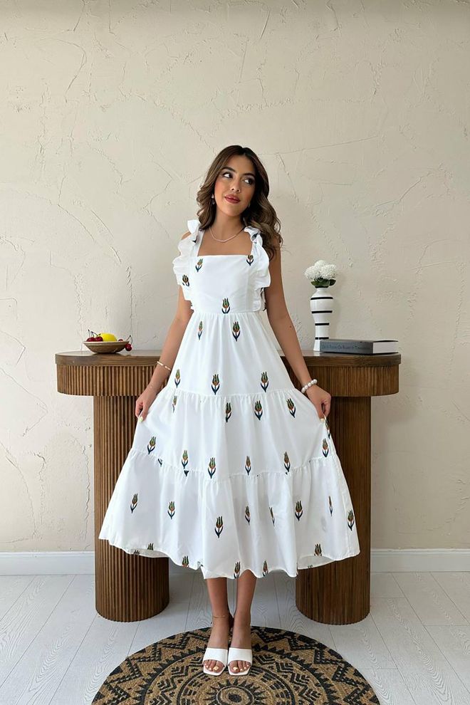 L&C Witte A lijn Jurk Met Bloemenprint En Mouwen Met Ruches Groothandel Kleding Schattig