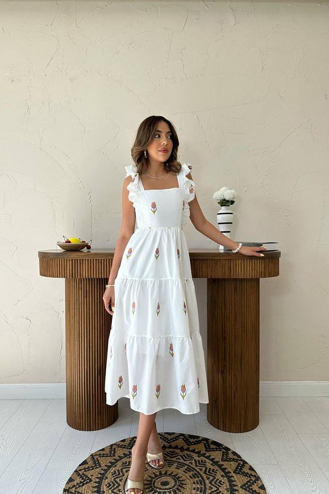 L&C Белый Бохо Цветочный Одеваться А силуэт Миди Оптовая продажа одежды Нет ткани