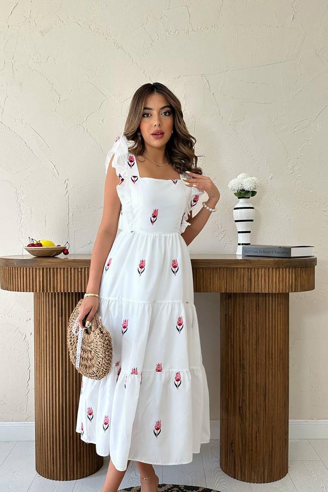 L&C Белое Платье Длиной Миди Fit And Flare С Цветочными Рукавами С Рюшами И Квадратным Вырезом Оптовая продажа одежды Нет ткани