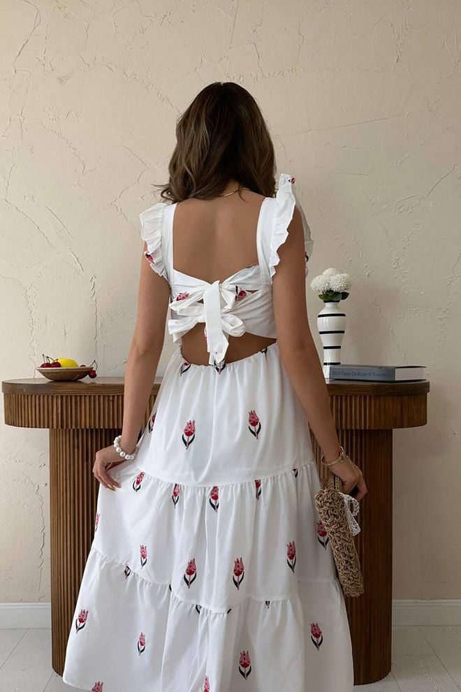 L&C Белое Платье Длиной Миди Fit And Flare С Цветочными Рукавами С Рюшами И Квадратным Вырезом Оптовая продажа одежды Повседневный